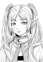 Rule 34 | 1girl, aboleuk, commentary, earrings, elf, frieren, frown, greyscale, highres, jewelry, monochrome, parted bangs, pointy ears, portrait, solo, sousou no frieren, twintails