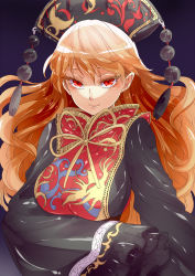 Rule 34 | 1girl, blonde hair, breast hold, breasts, chikado, chinese clothes, closed mouth, colored eyelashes, colorized, crescent, crescent moon, derivative work, frilled sleeves, frills, gradient background, hat, highres, ichirugi, junko (touhou), long hair, looking at viewer, moon, orange hair, red eyes, sleeves past wrists, smile, solo, swept bangs, tabard, tassel, touhou, upper body, wide sleeves