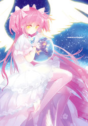 Rule 34 | 10s, 1girl, angel wings, bad id, bad pixiv id, between breasts, blush, boots, bow, breasts, copyright name, dress, earth (planet), gloves, hair bow, high heels, kaname madoka, long hair, mahou shoujo madoka magica, mahou shoujo madoka magica (anime), pink footwear, pink hair, planet, rozer, smile, solo, star (sky), star (symbol), thighhighs, two side up, ultimate madoka, very long hair, wings, yellow eyes