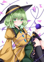 Rule 34 | 1girl, bad id, bad pixiv id, black hat, black socks, blush, brown shirt, closed mouth, collared shirt, frilled shirt collar, frilled skirt, frills, green eyes, green hair, green skirt, hair between eyes, hand up, hat, heart, heart of string, highres, juliet sleeves, knees up, komeiji koishi, long sleeves, looking at viewer, nanase nao, puffy sleeves, shirt, simple background, skirt, smile, socks, solo, third eye, touhou, white background, wide sleeves