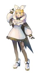 Rule 34 | ankle boots, arm up, black cape, black gloves, black thighhighs, blonde hair, blue eyes, boots, bow, cape, detached sleeves, dress, full body, gloves, hair bow, high heels, highres, kagamine rin, legs apart, looking at viewer, nunosei, open mouth, parted bangs, pom pom (clothes), simple background, smile, solo, standing, strapless, strapless dress, tachi-e, thighhighs, treble clef, vocaloid, white background, white bow, white dress, white footwear, white sleeves
