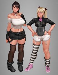 Rule 34 | 2girls, absurdres, alternate costume, ankle boots, bad anatomy, bad id, bad twitter id, bare shoulders, belt, belt boots, belt buckle, black gloves, black hair, black legwear, black one-piece swimsuit, blue eyes, boots, breasts, buckle, choker, cleavage, collarbone, commentary, cropped jacket, cross-laced footwear, dead or alive, english commentary, fingerless gloves, flower, full body, garter straps, gloves, grey eyes, hair ornament, hair ribbon, hands on own hips, head tilt, heart, heart choker, highres, jacket, kairunoburogu, kokoro (doa), large breasts, leather, leather jacket, leotard, light smile, lips, long hair, looking at viewer, loose thighhigh, marie rose, midriff, multiple girls, navel, nose, off shoulder, one-piece swimsuit, pencil skirt, pink choker, ponytail, ribbon, rose, see-through, see-through legwear, shoes, shorts, skirt, small breasts, sneakers, socks, standing, striped clothes, striped legwear, striped socks, striped thighhighs, suspenders, swept bangs, swimsuit, swimsuit under clothes, thighhighs, wide hips, x hair ornament, zettai ryouiki
