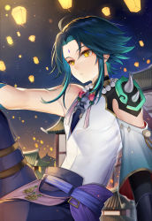 Rule 34 | 1boy, absurdres, bad id, bad pixiv id, bead necklace, beads, detached sleeves, genshin impact, green hair, highres, ion (on01e), jewelry, lantern, lantern festival, looking at viewer, male focus, necklace, night, night sky, paper lantern, parted lips, short hair, single bare shoulder, single detached sleeve, sky, sky lantern, solo, xiao (genshin impact), yellow eyes