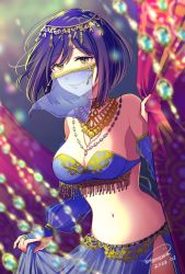 Rule 34 | arabian clothes, armlet, belly dancing, blue hair, blue skirt, breasts, cleavage, closed mouth, clothing request, commentary request, costume request, dancer, eyelashes, happy, harem outfit, highres, jewelry, lips, medium breasts, midriff, mole, mole under eye, mouth veil, navel, necklace, nijisanji, pelvic curtain, see-through, shizuka rin, short hair, skirt, smile, stomach, tokonomama, veil, virtual youtuber, yellow eyes