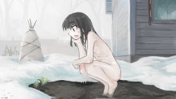 Rule 34 | 1girl, barefoot, black eyes, black hair, building, casual nudity, completely nude, day, dirty, dirty feet, flat chest, full body, hand on own chin, hand on own face, hand on own knee, head rest, long hair, looking down, nipples, nude, open mouth, original, outdoors, profile, roreru (rorerore-ya), signature, sky, snow, solo, squatting, tree
