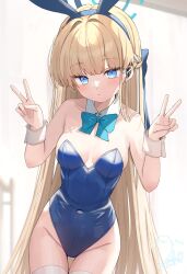 Rule 34 | 1girl, animal ears, blonde hair, blue archive, blue bow, blue bowtie, blue eyes, blue hair, blue halo, blue leotard, blush, bow, bowtie, braid, breasts, closed mouth, cowboy shot, detached collar, double v, fake animal ears, groin, halo, highres, leotard, long hair, looking at viewer, medium breasts, multicolored hair, official alternate costume, rabbit ears, saeki sora, signature, solo, strapless, strapless leotard, streaked hair, toki (blue archive), toki (bunny) (blue archive), v, white wrist cuffs, wrist cuffs