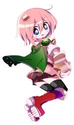 Rule 34 | 1boy, belt, black thighhighs, blue eyes, blush stickers, boots, brown belt, brown shorts, cape, commentary request, eyes visible through hair, full body, green cape, hair between eyes, hair ornament, kirby, kirby (series), male focus, nintendo, no nose, personification, pink hair, pink shirt, red footwear, shirt, short hair, short shorts, short sleeves, shorts, simple background, smile, solo, star (symbol), star hair ornament, thighhighs, tongue, tongue out, usagi nui, v-shaped eyebrows, white background