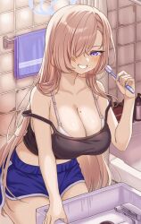 Rule 34 | 1girl, absurdres, alternate costume, asuna (blue archive), bare arms, bare shoulders, blue archive, blue shorts, bra strap, breasts, brown hair, camisole, cleavage, commentary request, crop top, faucet, grin, halo, highres, holding, holding toothbrush, indoors, large breasts, long hair, looking at viewer, midriff, o-los, purple eyes, revision, short shorts, shorts, sink, smile, solo, spaghetti strap, strap slip, toothbrush, very long hair