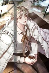 Rule 34 | 1boy, blonde hair, bow, brown bow, brown eyes, coffee, collared shirt, cup, day, debwi mos hamyeon jugneun byeong geollim, drink, hair ornament, hairclip, highres, holding, holding drink, light particles, looking at viewer, male focus, naiuslyzqvbuuxk, open mouth, outdoors, pants, seon ahyun, shirt, sitting, smile, solo, sparkle