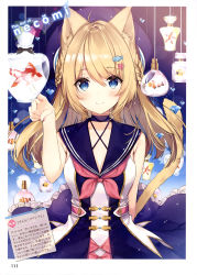 Rule 34 | 1girl, absurdres, ahoge, animal ears, animal hair ornament, arm behind back, artist name, bare shoulders, black choker, blonde hair, blue eyes, blue sailor collar, blush, bottle, braid, breasts, breasts apart, cat ears, cat girl, cat tail, choker, closed mouth, clownfish, collarbone, dengeki moeou, diamond (gemstone), dress, eyelashes, fish, fish hair ornament, fish request, frilled skirt, frills, hair between eyes, hair ornament, hairclip, hand up, highres, long hair, looking at viewer, medium breasts, neckerchief, necomi, original, page number, parted bangs, perfume bottle, pink neckerchief, sailor collar, sailor dress, side braids, skirt, smile, solo, star (symbol), star hair ornament, starfish, tail, translation request, tropical fish, upper body