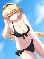 Rule 34 | 1girl, bare shoulders, bikini, black bikini, black hairband, blonde hair, blue eyes, blue sky, breasts, cloud, collarbone, commentary, cowboy shot, day, fate/grand order, fate (series), front-tie bikini top, front-tie top, gluteal fold, hair between eyes, hairband, hand up, jeanne d&#039;arc (fate), jeanne d&#039;arc (swimsuit archer) (fate), jeanne d&#039;arc (swimsuit archer) (first ascension) (fate), large breasts, long braid, long hair, looking at viewer, navel, outdoors, sky, smile, solo, soumu niumu, standing, stomach, swimsuit, thighs, very long hair
