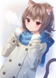 Rule 34 | 1girl, animal ear fluff, animal ears, anz32, blue scarf, brown hair, cat ears, cat girl, cat tail, closed mouth, coat, commentary request, dutch angle, fringe trim, grey coat, hair between eyes, hands up, long hair, long sleeves, looking at viewer, nina (anz32), original, ponytail, red eyes, scarf, shirt, sleeves past wrists, smile, snowing, solo, tail, twitter username, white shirt