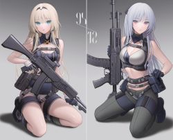 Rule 34 | 2girls, ak-12, ak-12 (girls&#039; frontline), an-94, an-94 (girls&#039; frontline), aqua eyes, armpits, assault rifle, bare arms, bare shoulders, belt, black gloves, blonde hair, blue shirt, breasts, cleavage, cleavage cutout, clothing cutout, crop top, girls&#039; frontline, gloves, gradient background, grey background, grey pants, gun, hairband, half gloves, holding, holding gun, holding weapon, kalashnikov rifle, kneeling, large breasts, long hair, looking at viewer, medium breasts, midriff, multiple belts, multiple girls, pants, parted lips, pink eyes, rifle, shadow, shirt, shoes, short shorts, shorts, sleeveless, sleeveless shirt, sleeveless turtleneck, stomach, thighs, trigger discipline, turtleneck, urano ura, vest, weapon, white hair, white shirt, white shorts