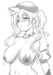 Rule 34 | 1girl, blush, breasts, choker, collarbone, elbow gloves, gloves, greyscale, highres, implied sex, large breasts, long hair, monochrome, motion lines, navel, nipples, nude, princess connect!, simple background, solo, tsumugi (princess connect!), twintails, twintails day, upper body, wavy hair, white background, yue (show-ei)
