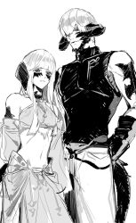 1boy 1girl au_ra brother_and_sister final_fantasy final_fantasy_xiv frown height_difference highres hime_cut horns long_hair monochrome shirt short_hair siblings sleeveless sleeveless_shirt warrior_of_light_(ff14) yanya_iyapapa