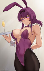 Rule 34 | 1girl, animal ears, arm behind back, bare arms, bare shoulders, black pantyhose, blush, bow, bowtie, breasts, champagne flute, commentary, covered navel, cup, drinking glass, eyewear on head, fake animal ears, grey background, highres, hioyami, holding, holding tray, honkai: star rail, honkai (series), kafka (honkai: star rail), large breasts, long hair, looking at viewer, pantyhose, pink lips, ponytail, purple bow, purple bowtie, purple eyes, purple hair, rabbit ears, smile, solo, sunglasses, tray, wrist cuffs