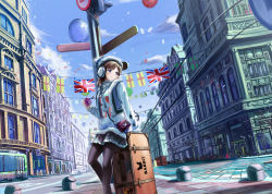 Rule 34 | 1girl, arm support, bag, balloon, beanie, black pantyhose, blue eyes, breath, brown hair, building, bus, car, cellphone, city, cloud, coat, day, flag, hat, headphones, highres, kyaro (kyaro54), lamppost, long sleeves, looking away, looking back, motor vehicle, original, outdoors, pantyhose, parted bangs, parted lips, phone, pleated skirt, pom pom (clothes), road, satchel, scarf, skirt, sky, solo, standing, string of flags, suitcase, union jack, vehicle, winter clothes