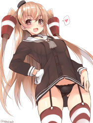 Rule 34 | 1girl, amatsukaze (kancolle), amatsukaze (kancolle) (cosplay), black panties, blush, breasts, brown dress, brown eyes, commentary request, cosplay, cowboy shot, dress, garter straps, gluteal fold, hair tubes, hat, heart, highres, johnston (kancolle), kantai collection, light brown hair, long hair, look-alike, looking at viewer, medium breasts, mini hat, open mouth, panties, pantyshot, red thighhighs, sailor dress, short dress, simple background, smile, solo, spoken heart, standing, takase muh, thighhighs, thighs, two side up, underwear, white background