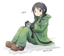 Rule 34 | 1girl, artist name, black eyes, black gloves, black hair, blush, brown footwear, camera, character name, chito (shoujo shuumatsu ryokou), coat, cross, expressionless, gloves, green coat, green pants, haru kano, holding, holding camera, looking at viewer, low twintails, military, military uniform, pants, parted bangs, shoujo shuumatsu ryokou, sidelocks, simple background, sitting, twintails, twitter username, uniform, white background