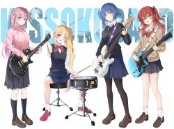 Rule 34 | 4girls, bass guitar, black cardigan, black pantyhose, black skirt, black socks, black sweater vest, blonde hair, blue eyes, blue hair, blue skirt, blush, bocchi the rock!, bow, bowtie, breasts, brown footwear, brown sailor collar, brown shirt, cardigan, closed mouth, commentary, drum, drum set, drumsticks, electric guitar, full body, gibson les paul, gotoh hitori, green eyes, guitar, hand up, highres, holding, holding drumsticks, ijichi nijika, instrument, jacket, kita ikuyo, large breasts, loafers, long sleeves, looking at viewer, medium hair, miniskirt, multiple girls, music, one eye closed, one side up, open mouth, pantyhose, pink hair, pink jacket, playing instrument, pleated skirt, polka dot bowtie, red bow, red bowtie, red eyes, red hair, sailor collar, school uniform, shimokitazawa high school uniform, shirt, shoes, short hair, shuka high school uniform, side ponytail, simple background, sitting, skirt, smile, socks, sweater vest, thighs, track jacket, white background, white shirt, white socks, yamada ryo, yellow eyes, yoru0409