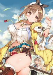 Rule 34 | 2girls, atelier (series), atelier ryza, atelier ryza 1, belt, blue belt, blue sky, braid, breasts, bridal legwear, brown belt, brown gloves, cleavage, clothing cutout, cloud, cloudy sky, commentary request, day, flask, gloves, hair ornament, hairclip, highres, jacket, jewelry, klaudia valentz, large breasts, leather, leather belt, leather gloves, multiple girls, necklace, pouch, red shorts, reisalin stout, round-bottom flask, short shorts, shorts, shoulder cutout, single glove, sky, sleeveless, sleeveless jacket, star (symbol), star necklace, tamiya akito, thigh pouch, thighhighs, thighs, vial, white headwear, yellow jacket