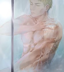 Rule 34 | 1boy, blonde hair, closed eyes, commentary, english commentary, highres, jujutsu kaisen, male focus, muscular, muscular male, nanami kento, oretsuu, short hair, showering, soap, solo, topless male, upper body, wet, wet hair