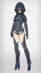 Rule 34 | 1girl, arms at sides, bodysuit, capelet, full body, head-mounted display, hood, night-vision device, solo, standing, thighhighs, uyu (keyakinoki)