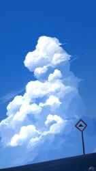 Rule 34 | blue sky, cloud, commentary request, cumulonimbus cloud, day, highres, no humans, original, outdoors, road sign, rune xiao, scenery, sign, signature, sky