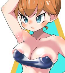 Rule 34 | 1girl, :d, areola slip, armpits, arms up, asymmetrical hair, bikini, blue eyes, blush, breasts, brown hair, closed mouth, covered erect nipples, creatures (company), eyelashes, female focus, game freak, gen 1 pokemon, green eyes, gym leader, hair tie, highres, large breasts, legs, looking at another, looking at viewer, misty (pokemon), nintendo, nipples, open mouth, orange eyes, orange hair, pokemon, pokemon rgby, ponytail, shiny skin, short hair, short ponytail, shorts, side ponytail, simple background, skindentation, smile, solo, strapless, swimsuit, upper body, wardrobe malfunction