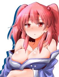 Rule 34 | 1girl, blush, breasts, cleavage, hair bobbles, hair ornament, highres, large breasts, looking at viewer, nose blush, off shoulder, onozuka komachi, oshiaki, parted lips, red eyes, red hair, sidelocks, simple background, solo, sweat, touhou, twintails, two side up, upper body, white background