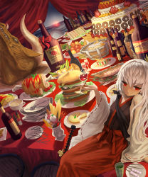 Rule 34 | 1girl, alcohol, apple, bad id, bad pixiv id, boned meat, bottle, burger, cake, cup, curtains, dango, drinking glass, fish (food), food, food focus, fork, fruit, geeto gaadian, green tea, highres, horns, japanese clothes, katana, knife, meat, omelet, omurice, parfait, pineapple, pixiv fantasia, pixiv fantasia fallen kings, plate, red eyes, sandwich, smile, solo, spoon, strawberry, sword, table, tea, teacup, wagashi, weapon, white hair, wine, wine bottle, wine glass, yunomi