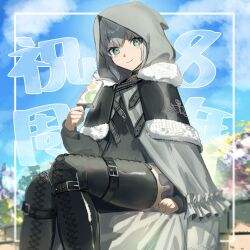 Rule 34 | 1girl, absurdres, ahoge, anniversary, belt, belt buckle, black belt, black capelet, black choker, black footwear, black shirt, blurry, blurry background, boots, buckle, capelet, choker, cloak, cloud, cross-laced footwear, fate/grand order, fate (series), flower, flower bed, food, frilled cloak, fur-trimmed capelet, fur trim, gray (fate), green eyes, grey cloak, grey hair, grey skirt, highres, holding, holding food, holding popsicle, hood, hood up, lace-up boots, leather, leather boots, light blush, long sleeves, looking at viewer, looking down, official alternate costume, outdoors, popsicle, shiny footwear, shirt, sitting, skirt, sky, smile, solo, thigh boots, thighhighs, tokoni fusu, zettai ryouiki