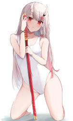 Rule 34 | 1girl, bare legs, blush, full body, gradient hair, highres, holding, holding sheath, holding sword, holding weapon, hololive, horns, kneeling, long hair, looking at viewer, multicolored hair, nakiri ayame, one-piece swimsuit, parted lips, red eyes, red hair, sheath, sheathed, shuuzo3, simple background, skin-covered horns, solo, swimsuit, sword, thighs, very long hair, virtual youtuber, weapon, white background, white hair, white one-piece swimsuit