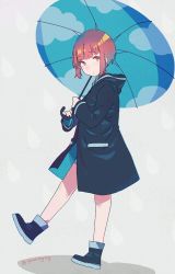 Rule 34 | 1girl, blue footwear, blue umbrella, boots, brown eyes, brown hair, full body, grey background, highres, kantai collection, looking at viewer, raincoat, rubber boots, short hair, simple background, solo, twitter username, umbrella, you (yawnmgmg), z3 max schultz (kancolle)