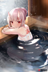 Rule 34 | 1girl, back, back tattoo, blush, closed mouth, from side, hair bun, hololive, horns, looking at viewer, looking to the side, mujinbensin, multicolored hair, naked towel, nakiri ayame, oni, onsen, partially submerged, red eyes, red hair, short hair, silver hair, single hair bun, sitting, skin-covered horns, solo, steam, streaked hair, tattoo, towel, virtual youtuber, water, wet
