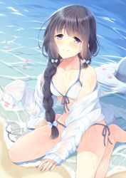 Rule 34 | 10s, 1girl, bare legs, bare shoulders, barefoot, beach, between legs, bikini, bikini under clothes, black hair, blush, bow, braid, breasts, closed mouth, collarbone, day, eyebrows, fingernails, front-tie bikini top, front-tie top, hair bow, hair over shoulder, hair ribbon, halterneck, hand between legs, hat, highres, jacket, jacket over swimsuit, kantai collection, kitakami (kancolle), komi zumiko, long hair, looking at viewer, ocean, off shoulder, on ground, open clothes, open jacket, outdoors, petals, purple eyes, ribbon, sabd, sand, side-tie bikini bottom, sidelocks, single braid, sitting, small breasts, solo, string bikini, sun hat, swimsuit, tress ribbon, wariza, water, wet, wet clothes, white bikini, white bow, white jacket