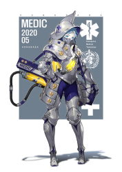 Rule 34 | 1girl, 2020, armor, blue bodysuit, blue eyes, blue hair, bodysuit, breastplate, coronavirus pandemic, covered mouth, fantasy, female knight, full armor, full body, gas mask, gauntlets, greaves, hand on own hip, helmet, hong soon-jae, knight, looking at viewer, mask, medic, medieval, original, pale skin, pauldrons, plate armor, shoulder armor, solo, standing, strap, weapon, weapon on back