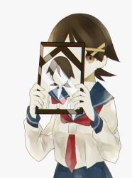 Rule 34 | 1girl, black hair, blue sailor collar, blue skirt, brown eyes, covering one eye, covering own mouth, expressionless, faceless, fingernails, framed, fuura kafuka, glass, grey background, hair ornament, hairclip, hands up, holding, holding photo, iei, looking at viewer, neckerchief, parted bangs, photo (object), pleated skirt, portrait (object), red neckerchief, sailor collar, sayonara zetsubou sensei, school uniform, short hair, simple background, skirt, solo, sora mame (7799374), standing, uniform, upper body, very short hair, x hair ornament