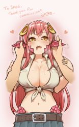 Rule 34 | 1girl, belt, belt buckle, blush, breasts, buckle, cleavage, collarbone, commission, disembodied hand, drooling, ear fondling, earjob, fangs, grabbing another&#039;s ear, hair ornament, hairclip, hand on another&#039;s ear, heart, highres, ichika (ichika manga), jewelry, lamia, large breasts, long hair, looking at viewer, midriff, miia (monster musume), monster girl, monster musume no iru nichijou, navel, open mouth, pointy ears, pov, pov hands, red hair, ring, scales, shirt, skeb commission, skirt, solo focus, sweat, tied shirt, uncommon stimulation, wedding band, yellow eyes