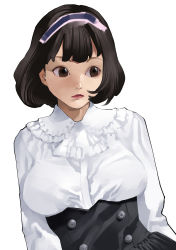 Rule 34 | 1girl, black hair, black skirt, blouse, breasts, brown eyes, closed mouth, corset, expressionless, frilled shirt collar, frills, hairband, high-waist skirt, highres, inamitsu shinji, lipstick, looking to the side, makeup, medium breasts, original, red lips, shirt, shirt tucked in, short hair, simple background, skirt, solo, tareme, underbust, upper body, white background, white shirt