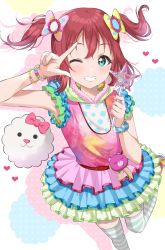 Rule 34 | 1girl, bow, bracelet, breasts, cotton candy ei-ei-oh!, gorilla-shi, green eyes, hair bow, highres, idol, jewelry, kurosawa ruby, love live!, love live! school idol festival, love live! sunshine!!, medium hair, one eye closed, red hair, short twintails, simple background, small breasts, smile, solo, standing, standing on one leg, striped clothes, striped thighhighs, thighhighs, tutu, twintails
