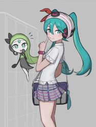 Rule 34 | 1girl, aki (tyvv3524), bag, beanie, blush, bracelet, commentary request, creatures (company), from side, game freak, gen 5 pokemon, green eyes, green hair, grey background, grey skirt, grin, hand up, hat, hatsune miku, highres, index finger raised, jewelry, legendary pokemon, long hair, meloetta, mythical pokemon, nintendo, notice lines, pleated skirt, pokemon, pokemon (creature), project voltage, psychic miku (project voltage), shirt, short sleeves, skirt, smile, standing, teeth, twintails, vocaloid, white headwear, white shirt