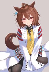 Rule 34 | 1girl, absurdres, agnes tachyon (umamusume), ahoge, animal ears, bandolier, black pantyhose, blurry, blurry background, blush, brown hair, coat, collared shirt, commentary request, covering own mouth, grey background, hair between eyes, highres, horse ears, horse girl, horse tail, kudo (user dzch8572), looking at viewer, no shoes, on ground, open clothes, open coat, pantyhose, red eyes, shirt, short hair, sitting, sleeves past fingers, sleeves past wrists, solo, sweater vest, tail, test tube, umamusume, wariza, white coat, yellow sweater vest