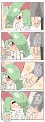 Rule 34 | ..., 1boy, blush, closed eyes, colored skin, comic, commentary request, creatures (company), floral background, full-face blush, game freak, gen 3 pokemon, green hair, hair over one eye, haruame0204, heart, highres, holding hands, kirlia, musical note, nintendo, open mouth, pokemon, pokemon (creature), reaching, smile, spoken ellipsis, spoken heart, spoken musical note, translation request, white skin