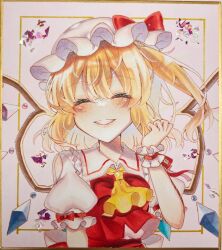 Rule 34 | 1girl, ascot, blonde hair, closed eyes, crystal wings, flandre scarlet, hat, hat ribbon, highres, mob cap, puffy short sleeves, puffy sleeves, red ribbon, red vest, ribbon, rukuthii45, shirt, short sleeves, smile, solo, touhou, upper body, vest, white hat, white shirt, yellow ascot