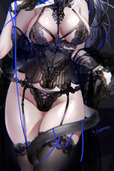 Rule 34 | 1girl, absurdres, bare shoulders, black bra, black gloves, black panties, black thighhighs, bodice, bra, breasts, cat tail, cross-laced clothes, crotch, garter belt, gloves, hand up, head out of frame, highres, lace, lace-trimmed legwear, lace bra, lace gloves, lace panties, lace trim, large breasts, lingerie, long hair, original, panties, pottsness, see-through, skindentation, solo, tail, thighhighs, thighs, twitter username, underwear