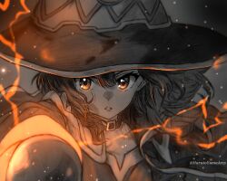 Rule 34 | 1girl, brown eyes, collar, collarbone, floating hair, hair between eyes, harutoyumaarts, hat, highres, kono subarashii sekai ni shukufuku wo!, limited palette, long hair, looking at viewer, megumin, outstretched arm, parted lips, portrait, solo, twitter username, witch hat