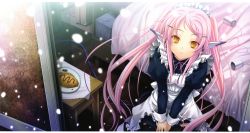 Rule 34 | 1girl, absurdres, bed, female focus, food, hair ornament, hairclip, headdress, highres, incredibly absurdres, indoors, long hair, looking up, maid, maid headdress, miyama-zero, pink hair, solo, table, twintails, yellow eyes