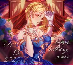 Rule 34 | 1girl, alternate hairstyle, artist name, artist request, bare shoulders, blonde hair, blue dress, blush, braid, breasts, brown eyes, cleavage, collarbone, crown braid, cuss chan, dress, drill hair, earrings, female focus, gloves, hair rings, highres, indoors, jewelry, looking at viewer, love live!, love live! school idol festival, love live! school idol festival all stars, love live! sunshine!!, medium breasts, miniskirt, necklace, ohara mari, one eye closed, parted lips, short hair, skirt, smile, solo, striped clothes, striped gloves, white gloves, white skirt, yellow eyes