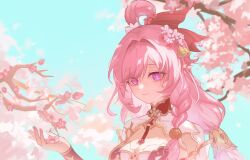 Rule 34 | 1girl, bell, black collar, blue sky, braid, breasts, cherry blossoms, chinese commentary, cleavage, collar, commentary request, diamond-shaped pupils, diamond (shape), elysia (herrscher of human: ego) (honkai impact), elysia (honkai impact), elysia (peachy spring) (honkai impact), flower, hair bell, hair flower, hair intakes, hair ornament, hand up, highres, honkai (series), honkai impact 3rd, large breasts, long hair, looking at viewer, pink hair, pink pupils, pink theme, pointy ears, portrait, purple eyes, single braid, sky, smile, solo, symbol-shaped pupils, white shrug, zhrc